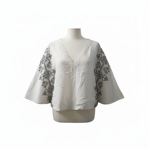Zara White V-Neck Embroidered Tunic with Black Sleeves